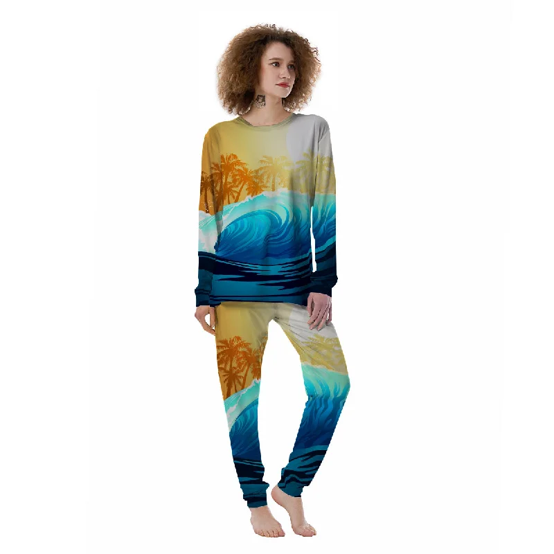 Sunrise Tropical Surfing Wave Print Women's Pajamas