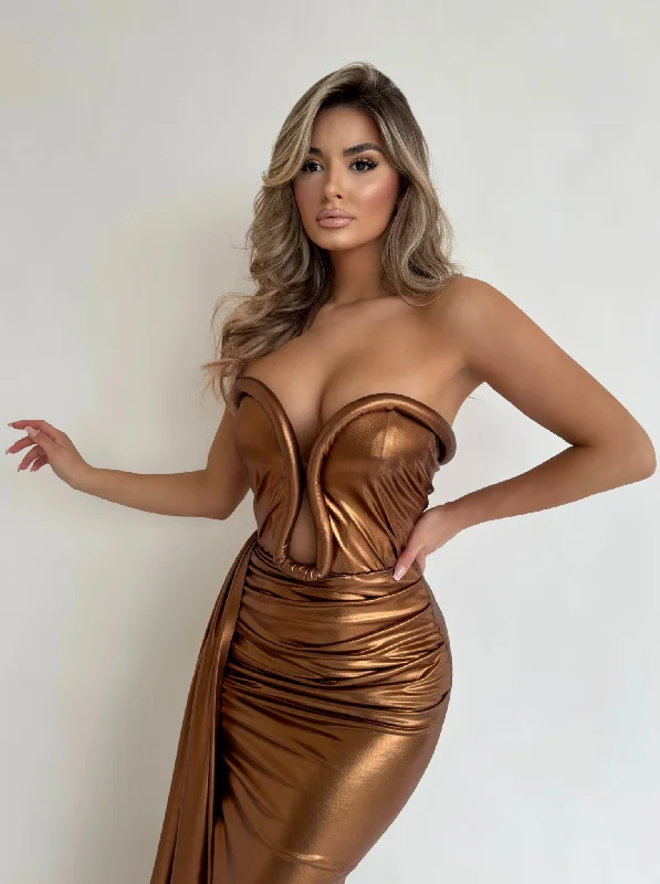 MINNA Fashion COCOA CHARM Bronze Metallic Strapless Mermaid Formal Dress