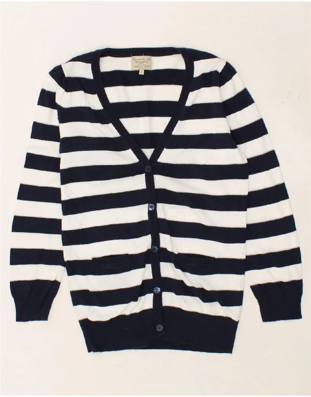 BLARNEY Womens Cardigan Sweater UK 16 Large Navy Blue Striped Cotton