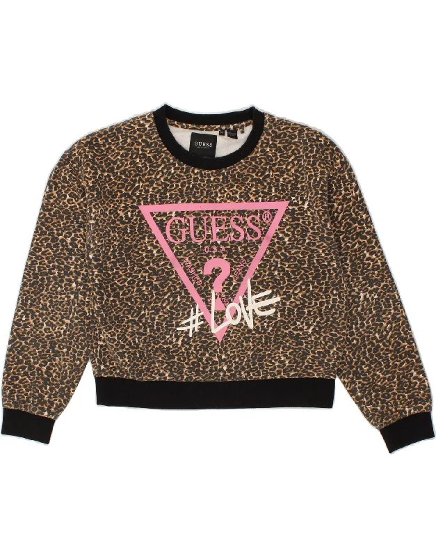 GUESS Womens Graphic Sweatshirt Jumper UK 14 Medium Brown Animal Print