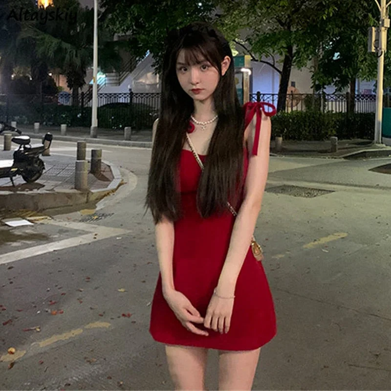 Red Mini Dresses Women Bandage Spaghetti Strap Summer Fashion Vintage Ins Streetwear All-match Sexy A-line Design Casual Vestido