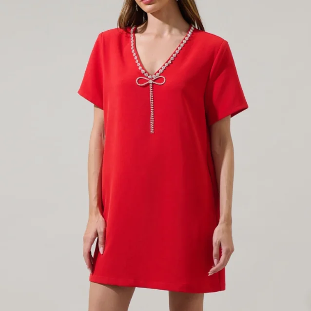 Stazie Red Rhinestone V-Neck Shift Dress