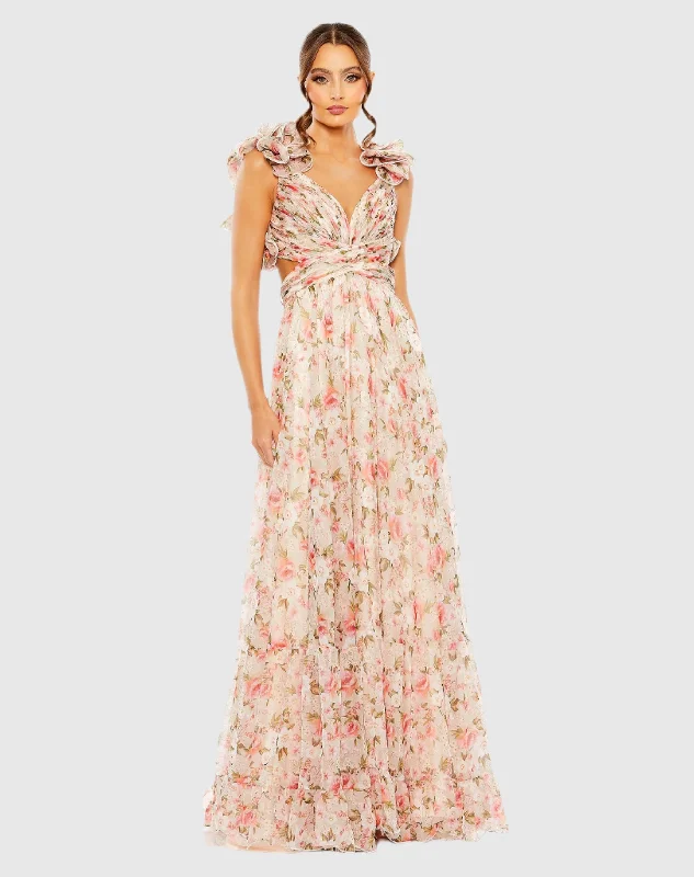 Ruffle Tiered Cut-Out Chiffon Floral Gown