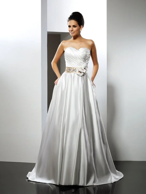 A-Line/Princess Sweetheart Hand-Made Flower Sleeveless Long Satin Wedding Dresses