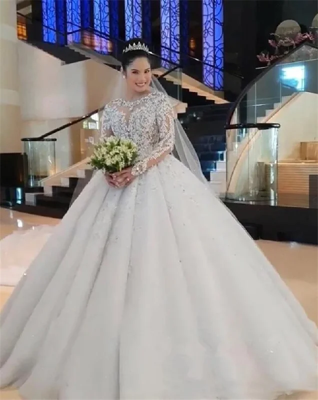 Fancy Beading Lace Cathedral Wedding Dress Illusion O-neck Long Sleeve Ball Gown Bridal Dress