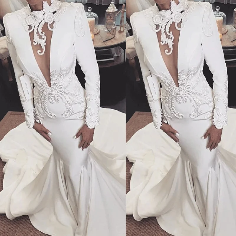 modest mermaid wedding dresses 2020 long sleeve lace appliqué elegant vintage sexy cheap bridal dress