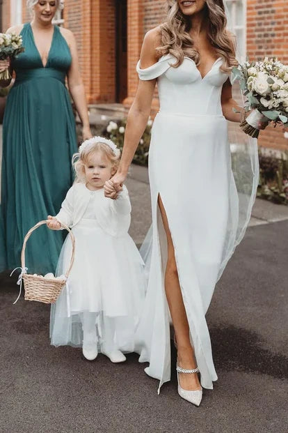 V-Neck Off-Shoulder Satin Trumpet Long Wedding Dress