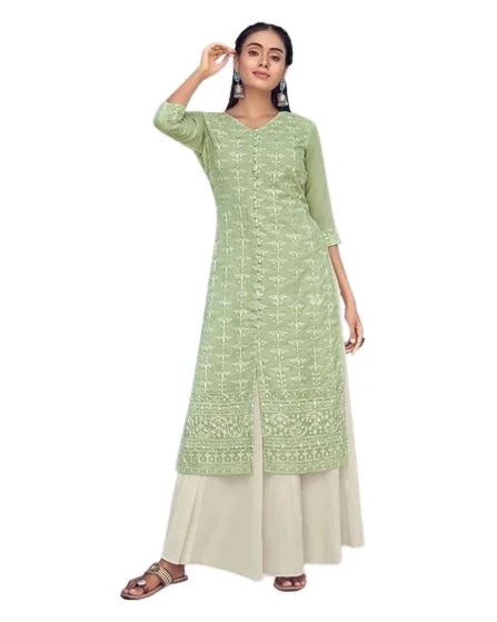 Elegant Pure Georgette Lucknowi Kurti with Cotton Skirt