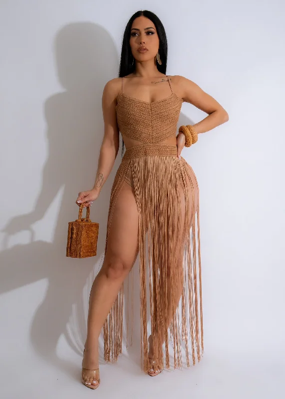 Sexy Summer Fringe Maxi Dress Brown