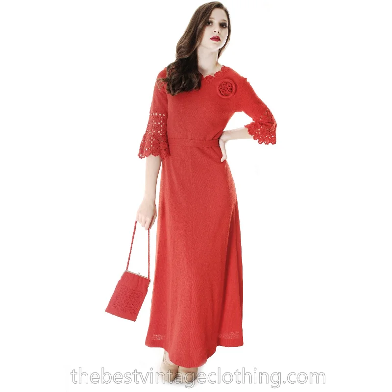 Vtg Finnish Red Wool Knitted Maxi Dress & Matching Bag 1970s Punainen Rukki