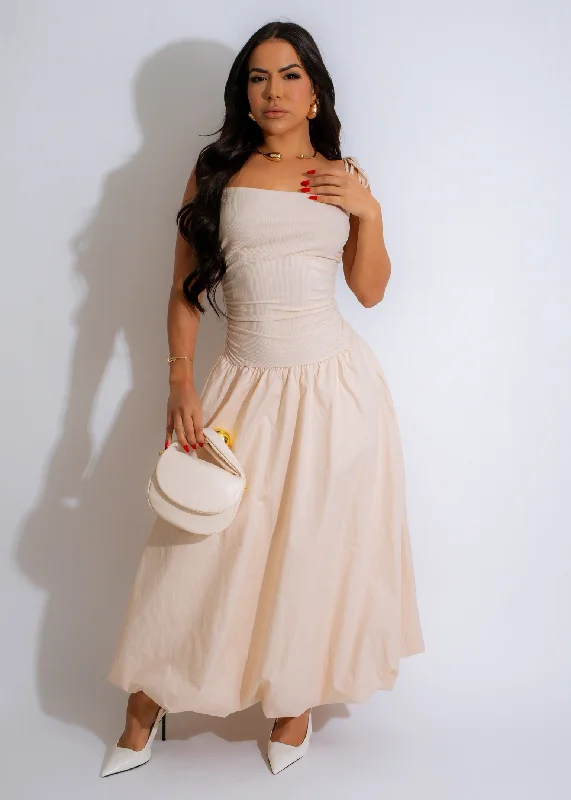 Whispering Drapes Ruched Ribbed Maxi Dress Nude