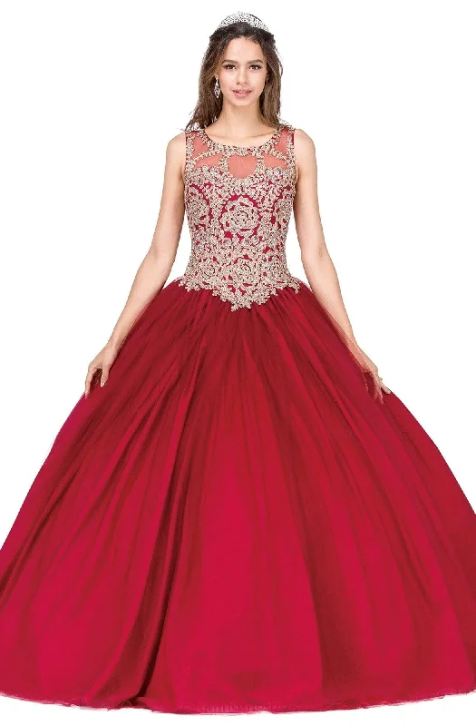 Dancing Queen - 1101 Gold Embroidered Illusion Neck Formal Ball Gown