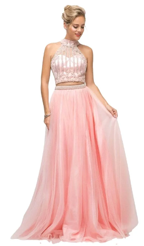 Ladivine 8994 - Illusion High Halter Beaded A-Line Gown