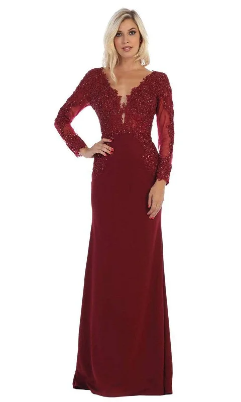 May Queen - MQ1630 Lace Appliqued Plunging V-Neck Gown