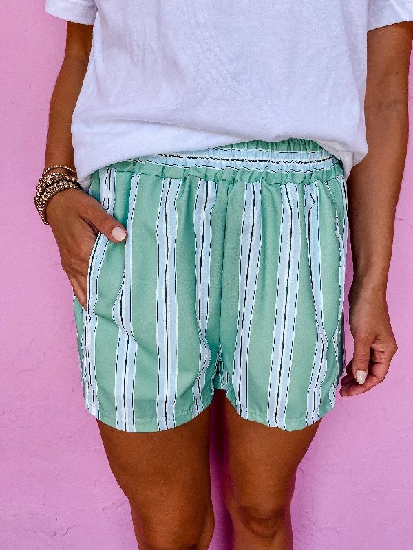 Be Mindful Striped Shorts-Green