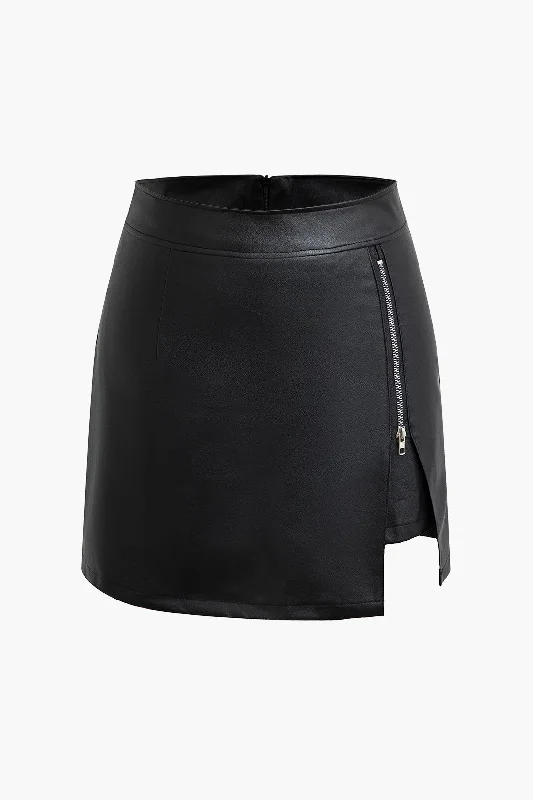 High Waist Faux Leather Zipper Mini Skirt