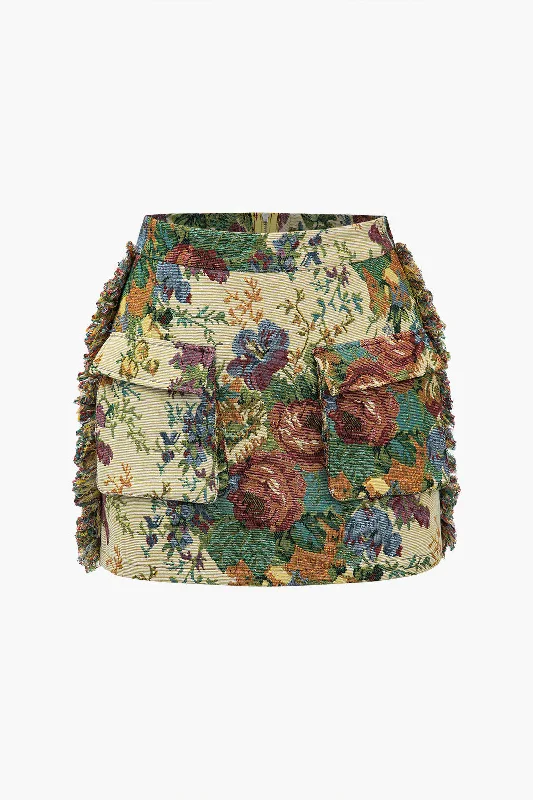 Retro Floral Print Fringe Zipper Mini Skirt