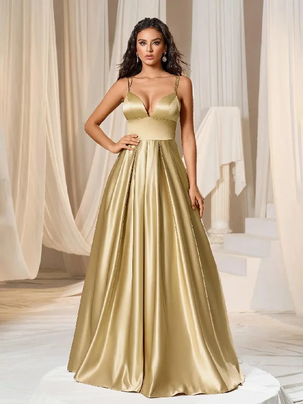 Plunging Neck Floor Length Satin Cami Party Dress