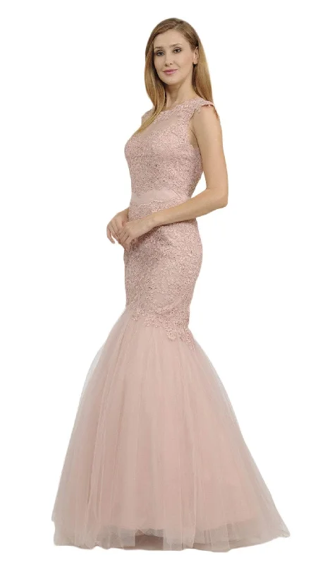 Poly USA - 8226 Cap Sleeve Appliqued Illusion Cutout Mermaid Gown