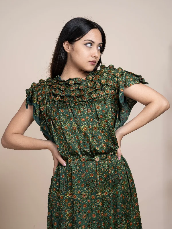 Ajrakh Modal Silk Dress Olive Green