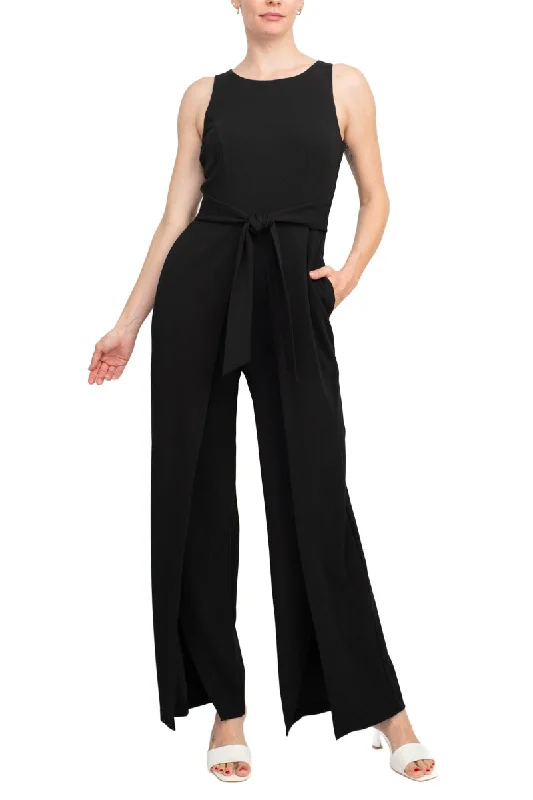 Connected Apparel Scoop Neck Crepe Knit Split Leg with Two Pockets Jumpsuit