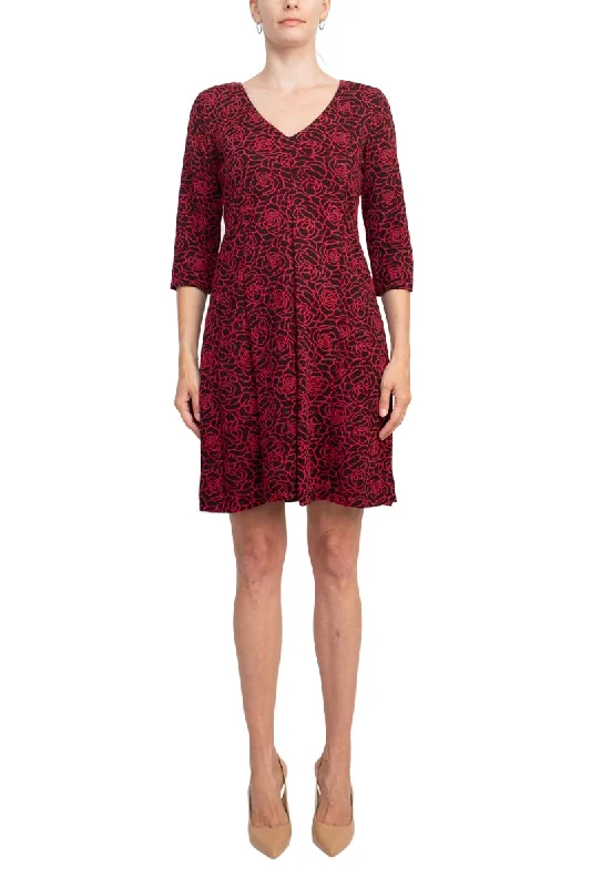 Emma & Michele V-Neck 3/4 Sleeve Embroidered Dress