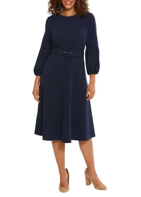 London Times crew neck bell sleeve belted zipper closure solid A-line scuba crepe dress