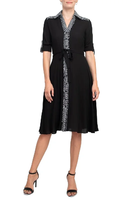 Nanette Lepore Collared Crochet Detail Button Down Folded Sleeve Tie Waist Chiffon Dress