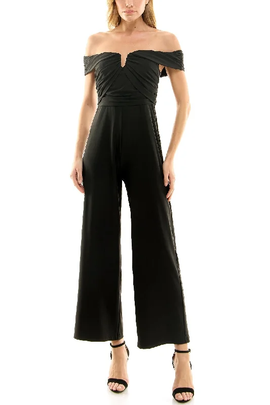 Nicole Miller Off Shoulder Ruched Front Zipper Back Solid Scuba Jumpsuit