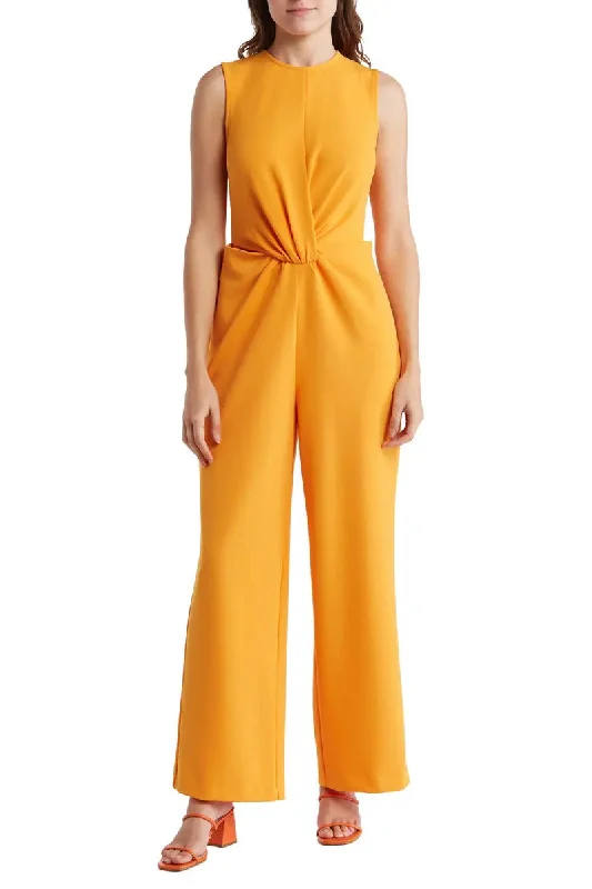 Nicole Miller round neck sleeveless zipper closure twist front solid stretch crepe jumpsuit with open sides by the waist