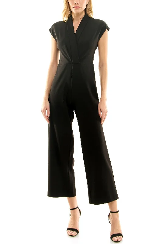 Nicole Miller V-Neck Sleeveless Gathered Front Solid Scuba Jumpsuit