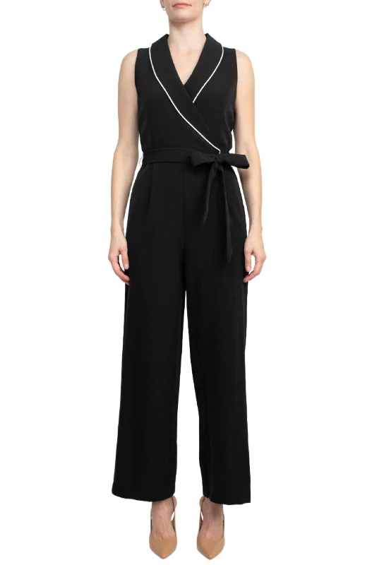 Tahari Lapel Collar V-Neck Sleeveless Piping Detail Tie Waist Scuba Jumpsuit