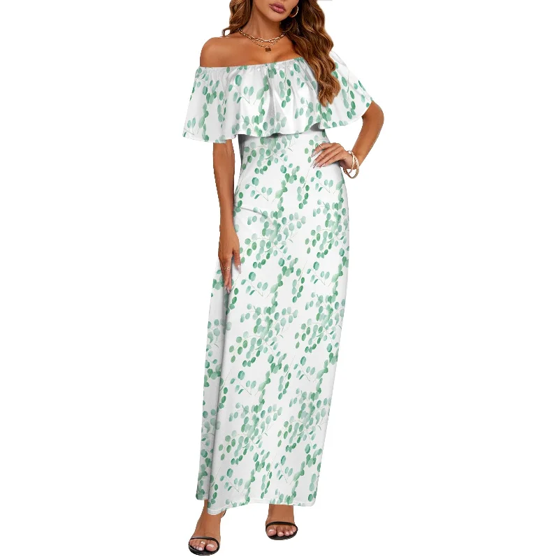 Australian Eucalyptus Leaves Large Print Women's Off Shoulder Ruffle Boat Neck Dress (Model D71)