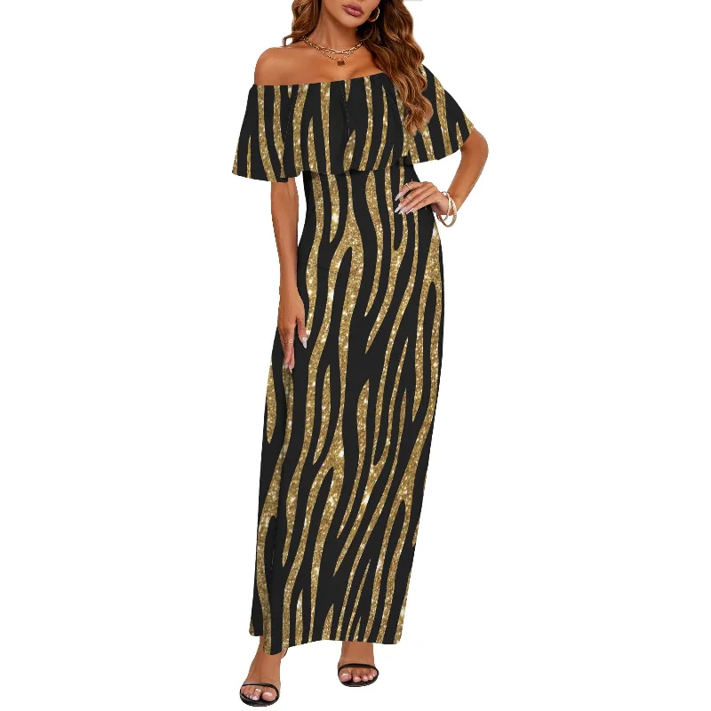 Black and Gold Glitter Leopard Print Women's Off Shoulder Ruffle Boat Neck Dress (Model D71)