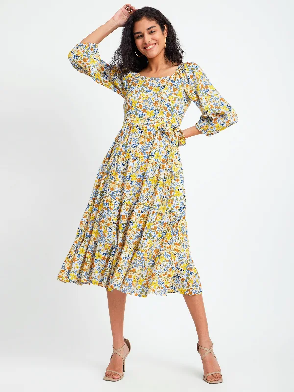 Floral Print Square Neck Dress - Multicolour