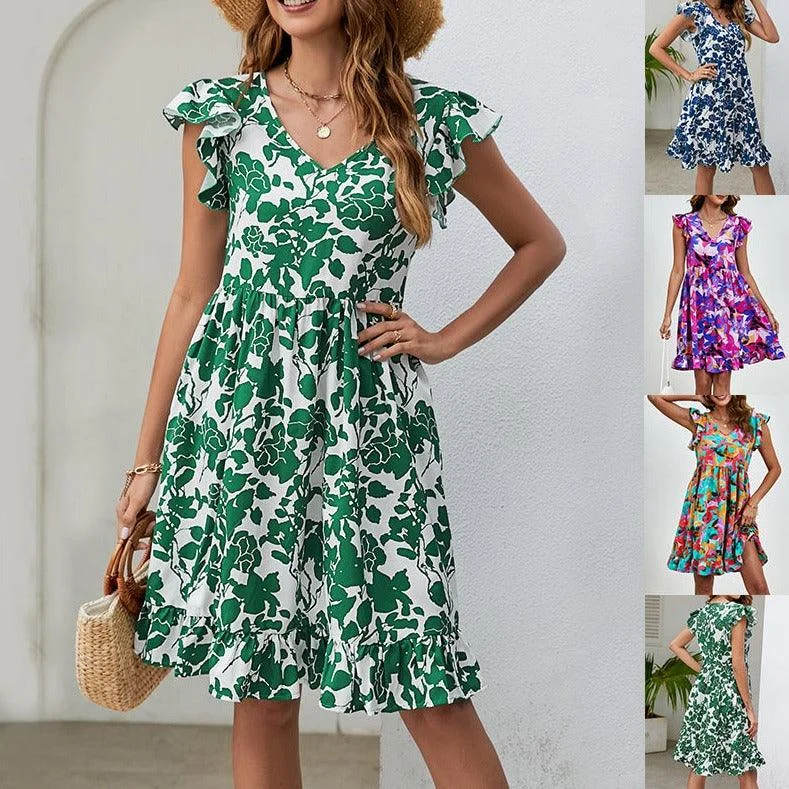 Leaf Print Dress Summer V-neck