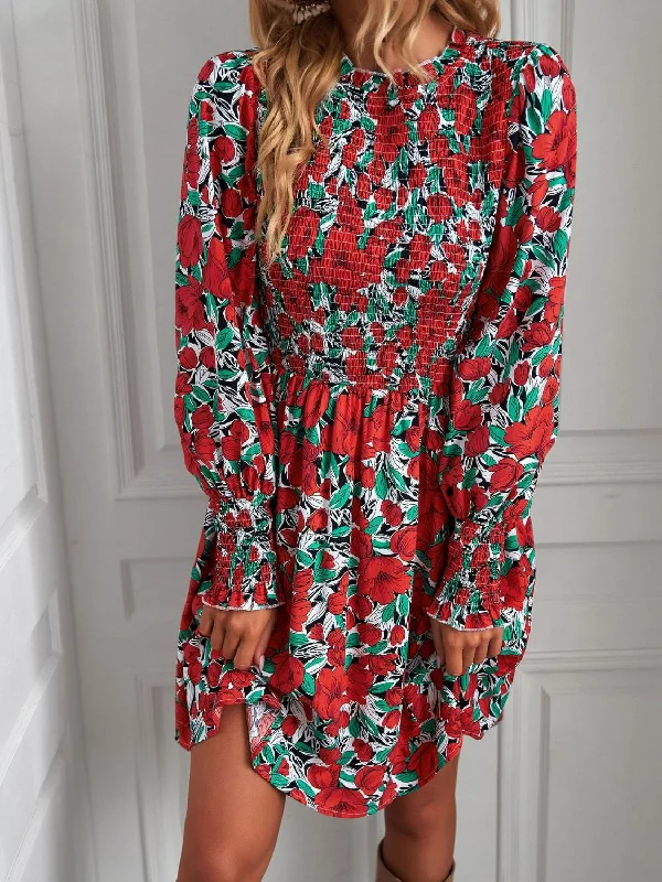 Printed Puff Sleeve Smocked Dress