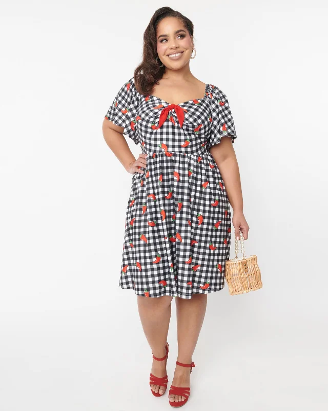 Unique Vintage 1950s Curve Black & White Chili Pepper Gingham Swing Dress | Black/White Gingham/Chili Pepper Print