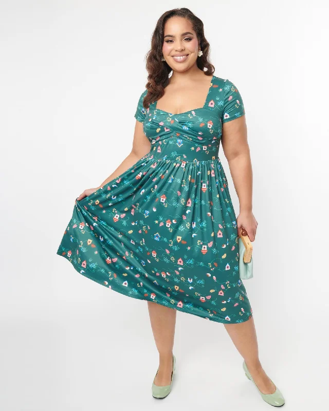 Unique Vintage 1950s Green Birdhouse Twist Front Swing Dress | Green Birdhouse Print