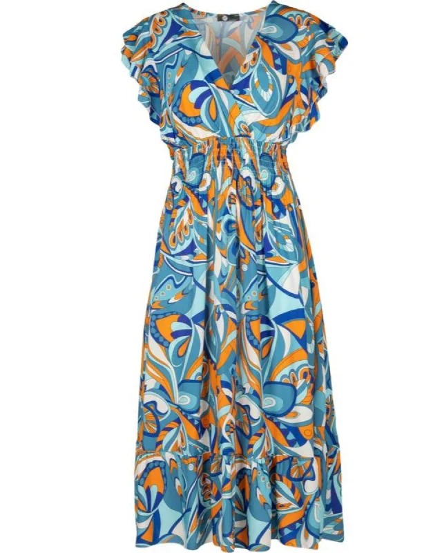 V-Neck Printed Dress in Blue Combo | Blue Combo