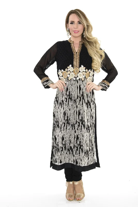 Black and White with Gold Embroidery Long Kurti Salwar Kameez (Size S)