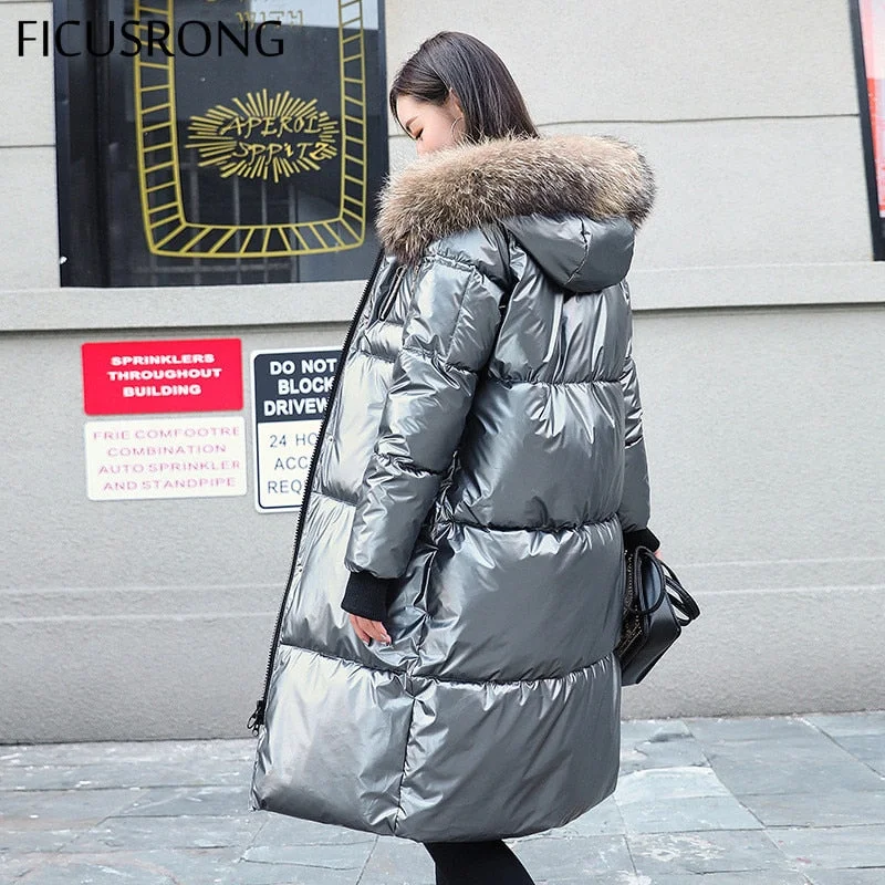 Causal Glossy Silver Down Winter Women's Long Fur Jackets