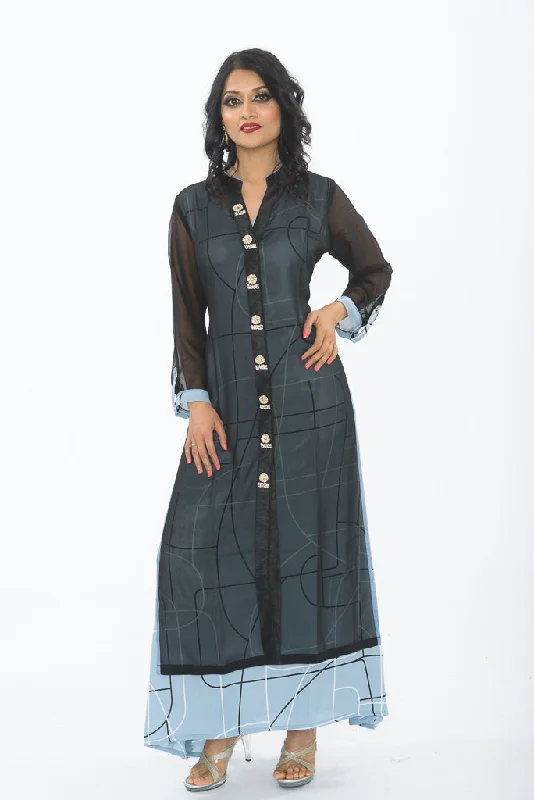 Geometric Allure Grey and Black Long Kurti