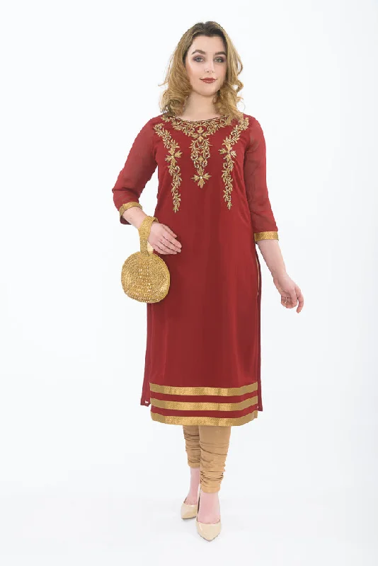 Rich Gold and Maroon Long Kurti Salwar Kameez (Size M/L)