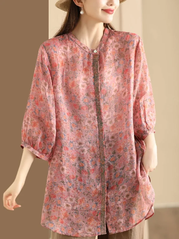 Women Summer Artsy Floral Spliced Ramie Long Shirt BN1007