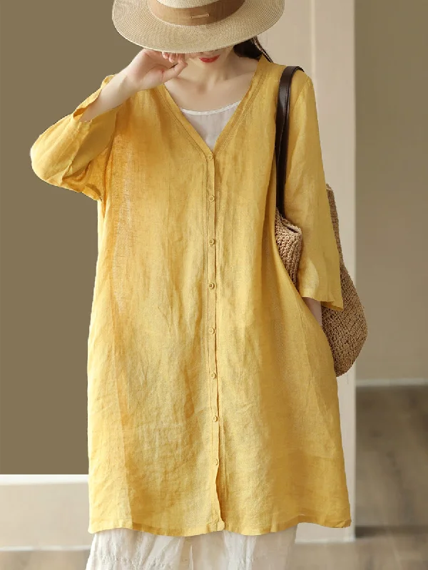 Women Summer Casual Solid Linen Button-up Long Shirt SC1033