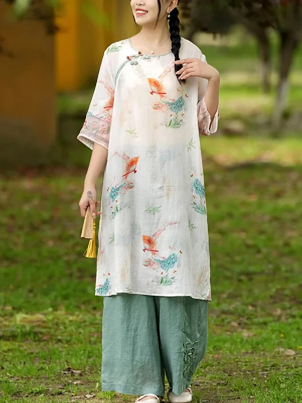 Women Summer Ethnic Print Loose Ramie Long Shirt AS1026