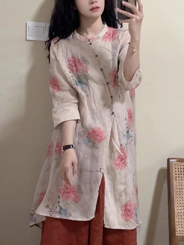 Women Summer Vintage Floral Button-up Linen Long Shirt OP1034