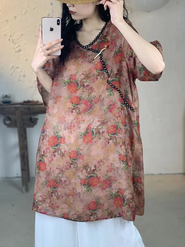 Women Summer Vintage Flower V-Neck Long Ramie Shirt IO1017