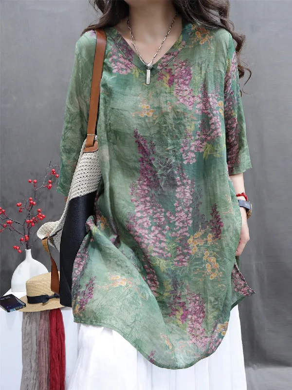 Plus Size Women Summer Vintage Flower V-Neck Ramie Long Shirt II1060